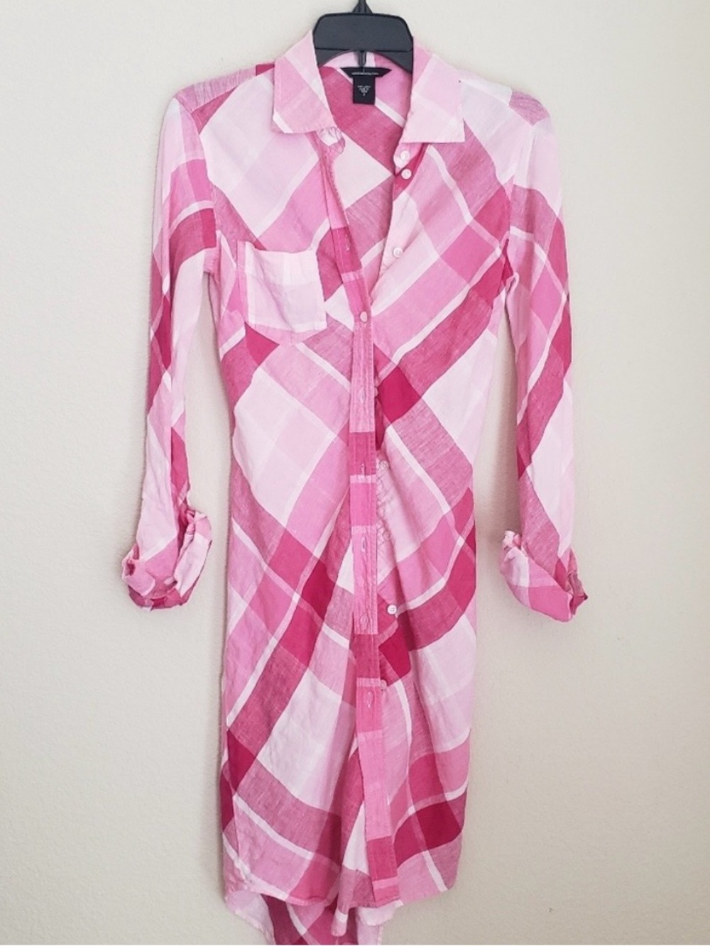 Moda International 100%  Linen Pink Plaid Midi Long-Sleeve Shirt/ Dress
